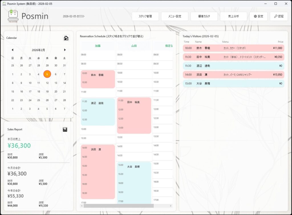 1人美容室や小規模サロン・ネイルサロン・個人店に最適な買い切り型の顧客管理・予約管理・売上管理・売上分析ソフト「Posmin」のメイン画面