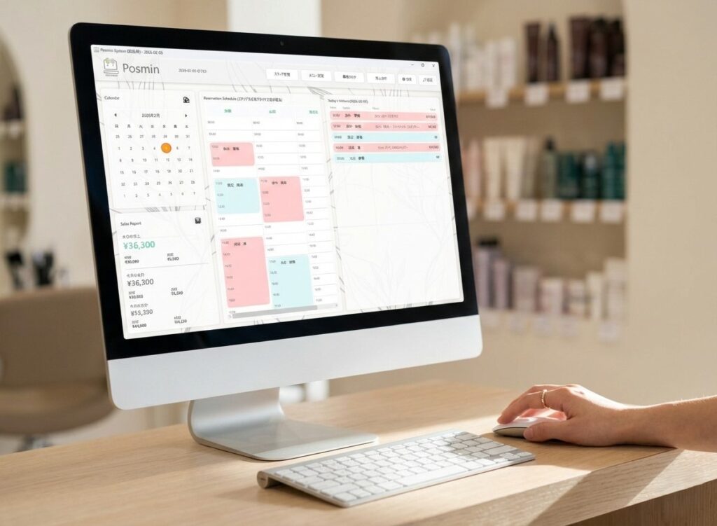 小規模の美容室や・ネイルサロン・個人店に最適な買い切り型の顧客管理・予約管理・売上管理・売上分析POSソフト「Posmin」の操作イメージ画像